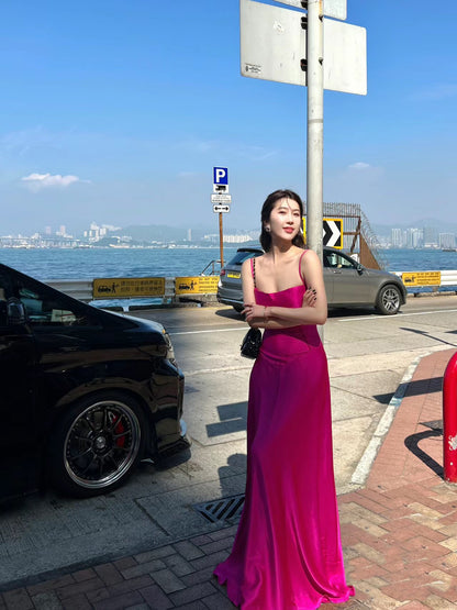 Gen Z Style A-Line Cinched-Waist Maxi Dress Casual Vacation OOTD Spaghetti Straps Hot Pink Long Dress AP3549
