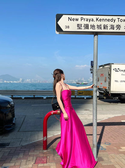 Gen Z Style A-Line Cinched-Waist Maxi Dress Casual Vacation OOTD Spaghetti Straps Hot Pink Long Dress AP3549