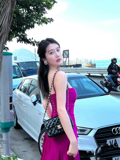 Gen Z Style A-Line Cinched-Waist Maxi Dress Casual Vacation OOTD Spaghetti Straps Hot Pink Long Dress AP3549