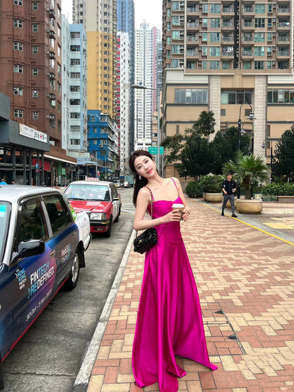 Gen Z Style A-Line Cinched-Waist Maxi Dress Casual Vacation OOTD Spaghetti Straps Hot Pink Long Dress AP3549