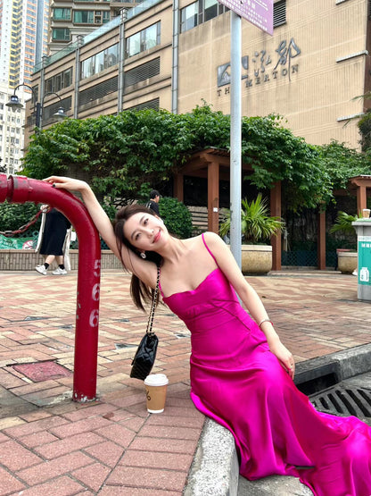 Gen Z Style A-Line Cinched-Waist Maxi Dress Casual Vacation OOTD Spaghetti Straps Hot Pink Long Dress AP3549