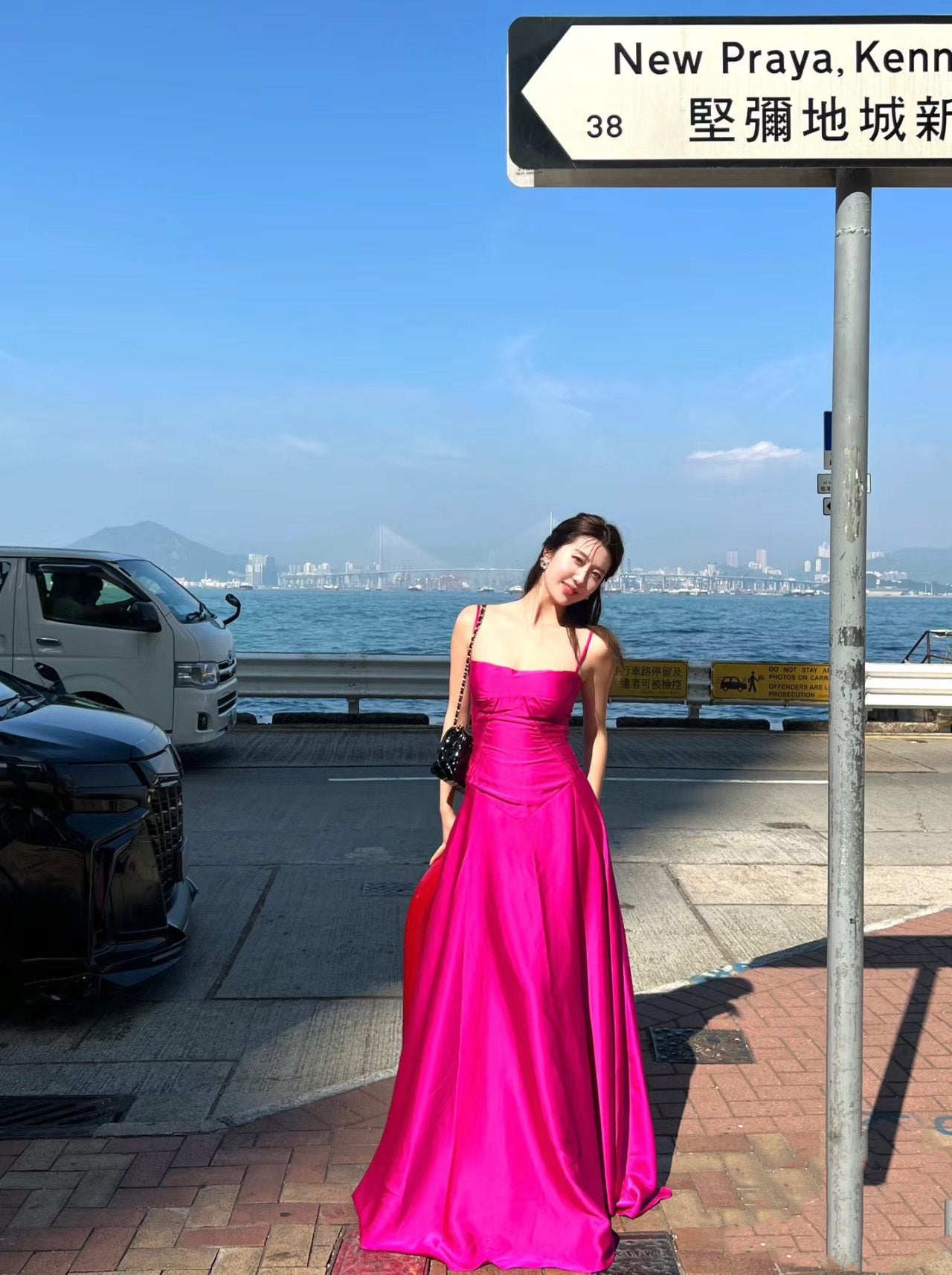 Gen Z Style A-Line Cinched-Waist Maxi Dress Casual Vacation OOTD Spaghetti Straps Hot Pink Long Dress AP3549