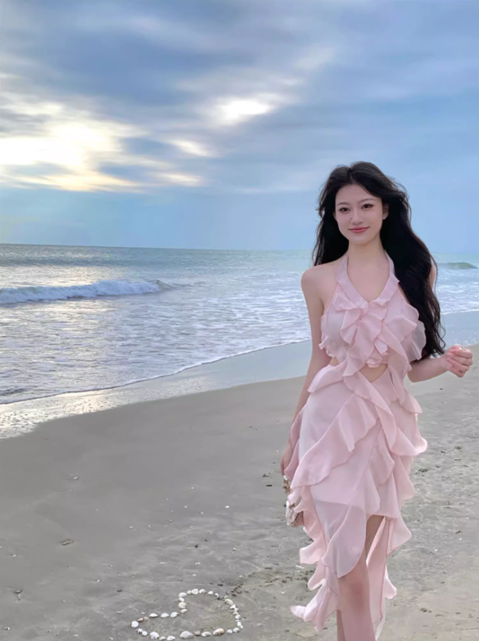 Hot Girls Pink Sheath Maxi Dress Sweet Ruffles Trim Cutout Slit Halter Long Dress AP3550