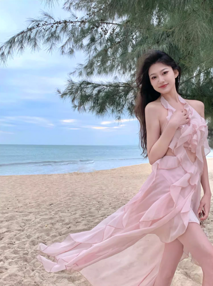 Hot Girls Pink Sheath Maxi Dress Sweet Ruffles Trim Cutout Slit Halter Long Dress AP3550