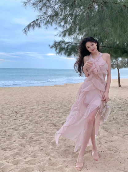 Hot Girls Pink Sheath Maxi Dress Sweet Ruffles Trim Cutout Slit Halter Long Dress AP3550