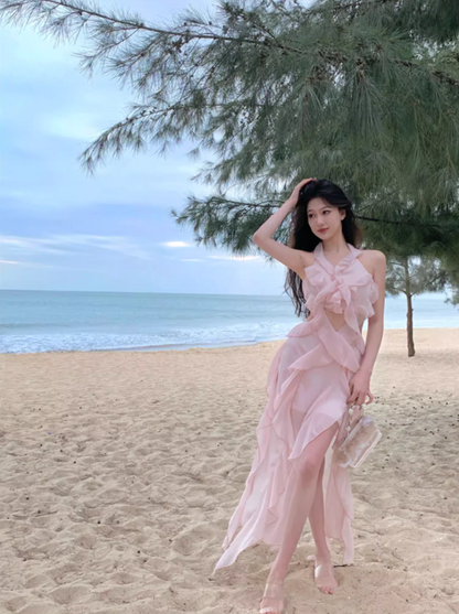 Hot Girls Pink Sheath Maxi Dress Sweet Ruffles Trim Cutout Slit Halter Long Dress AP3550