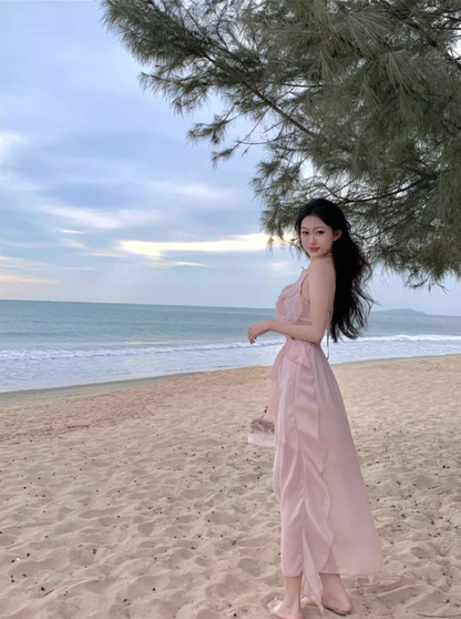 Hot Girls Pink Sheath Maxi Dress Sweet Ruffles Trim Cutout Slit Halter Long Dress AP3550