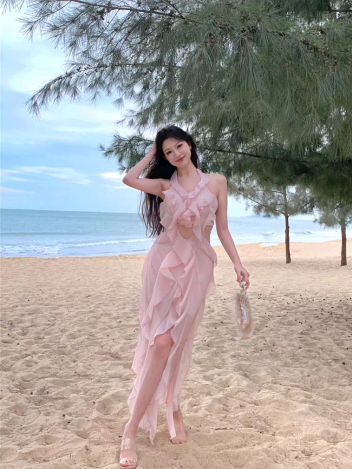 Hot Girls Pink Sheath Maxi Dress Sweet Ruffles Trim Cutout Slit Halter Long Dress AP3550