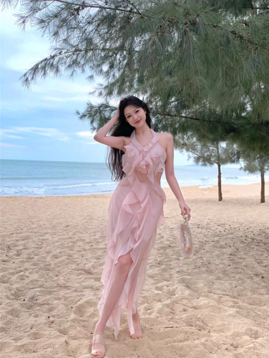 Hot Girls Pink Sheath Maxi Dress Sweet Ruffles Trim Cutout Slit Halter Long Dress AP3550