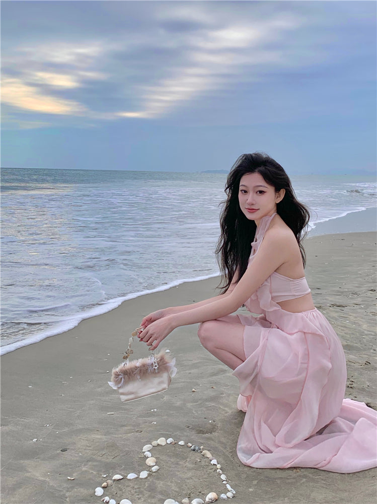 Hot Girls Pink Sheath Maxi Dress Sweet Ruffles Trim Cutout Slit Halter Long Dress AP3550