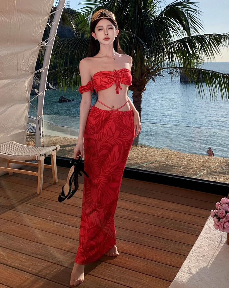 Delicate Off-Shoulder 2-Piece Set Red Maxi Dresses Dreamy Floral Print Sheath Open Waist Long Dress AP3551