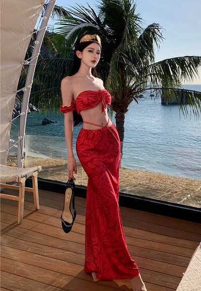 Delicate Off-Shoulder 2-Piece Set Red Maxi Dresses Dreamy Floral Print Sheath Open Waist Long Dress AP3551
