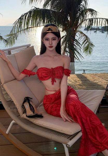 Delicate Off-Shoulder 2-Piece Set Red Maxi Dresses Dreamy Floral Print Sheath Open Waist Long Dress AP3551