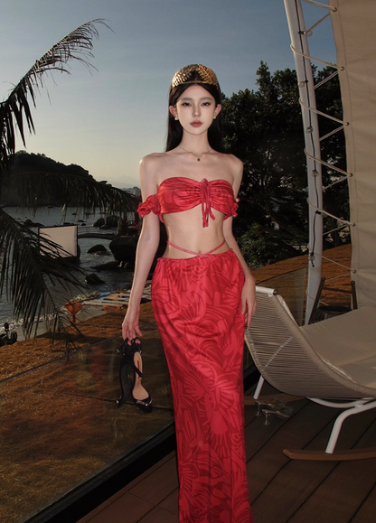 Delicate Off-Shoulder 2-Piece Set Red Maxi Dresses Dreamy Floral Print Sheath Open Waist Long Dress AP3551