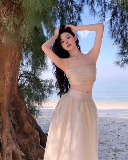 Fancy A-Line Cinched-Waist Minimalism Maxi Dress Sheen Spaghetti Straps 2-Piece Set Long Dress AP3552