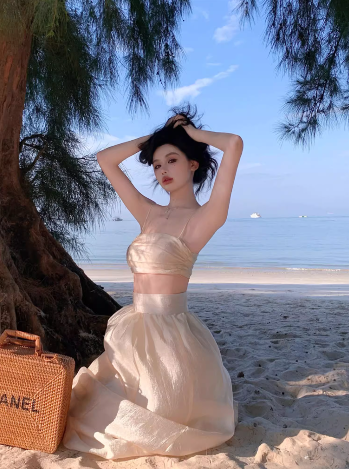 Fancy A-Line Cinched-Waist Minimalism Maxi Dress Sheen Spaghetti Straps 2-Piece Set Long Dress AP3552