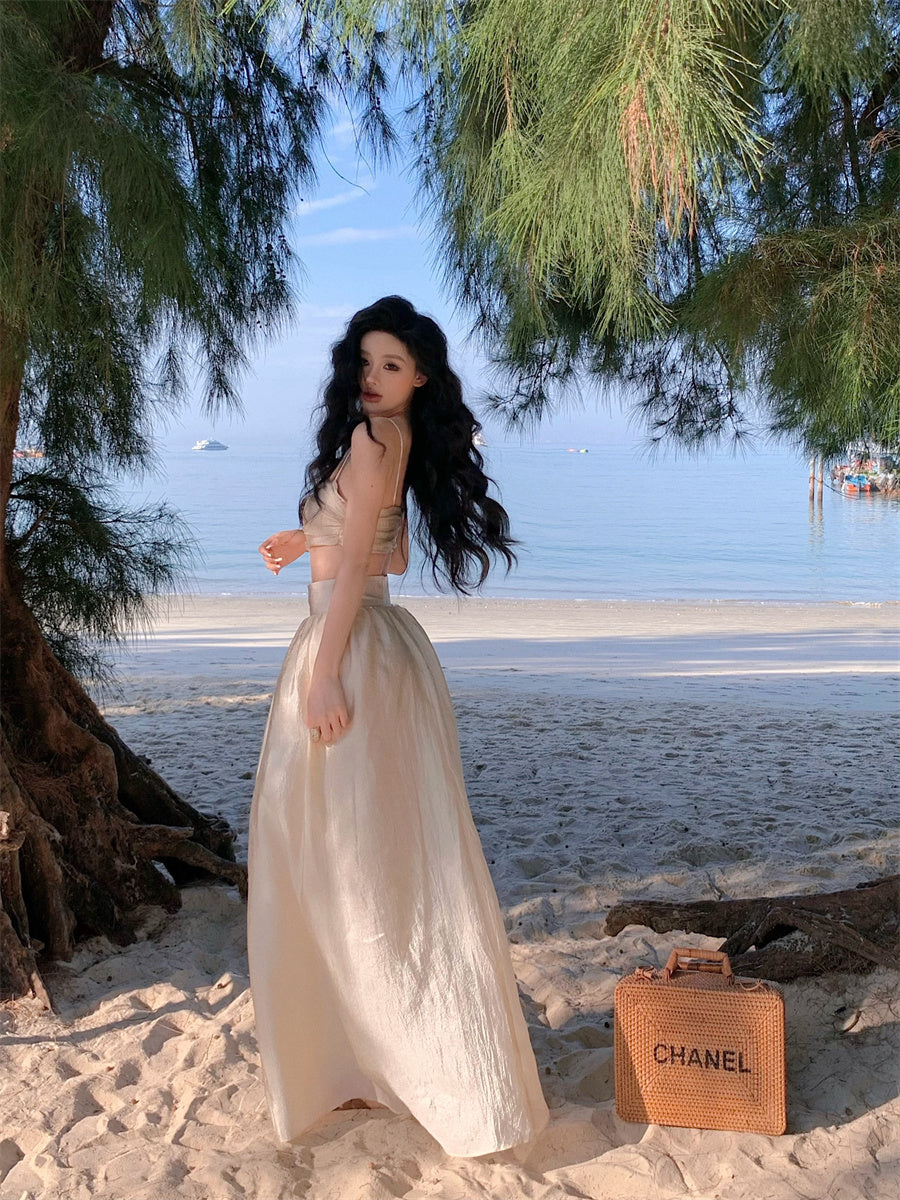 Fancy A-Line Cinched-Waist Minimalism Maxi Dress Sheen Spaghetti Straps 2-Piece Set Long Dress AP3552