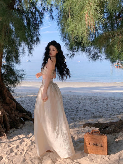 Fancy A-Line Cinched-Waist Minimalism Maxi Dress Sheen Spaghetti Straps 2-Piece Set Long Dress AP3552