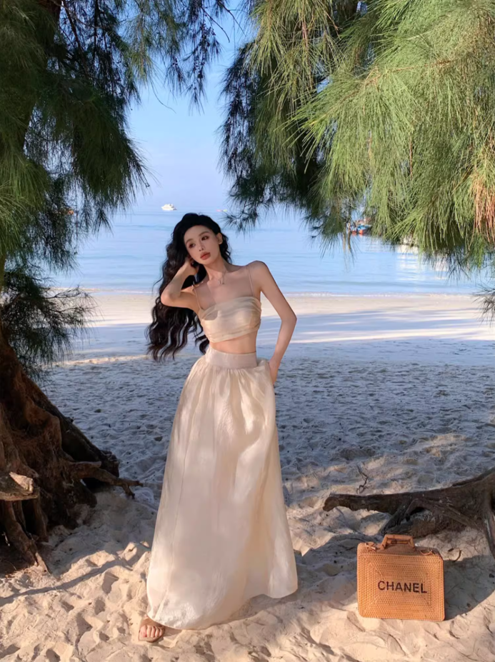 Fancy A-Line Cinched-Waist Minimalism Maxi Dress Sheen Spaghetti Straps 2-Piece Set Long Dress AP3552