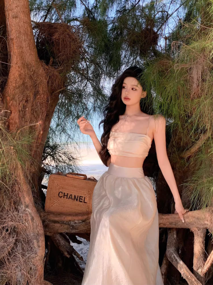 Fancy A-Line Cinched-Waist Minimalism Maxi Dress Sheen Spaghetti Straps 2-Piece Set Long Dress AP3552