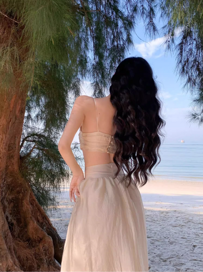 Fancy A-Line Cinched-Waist Minimalism Maxi Dress Sheen Spaghetti Straps 2-Piece Set Long Dress AP3552