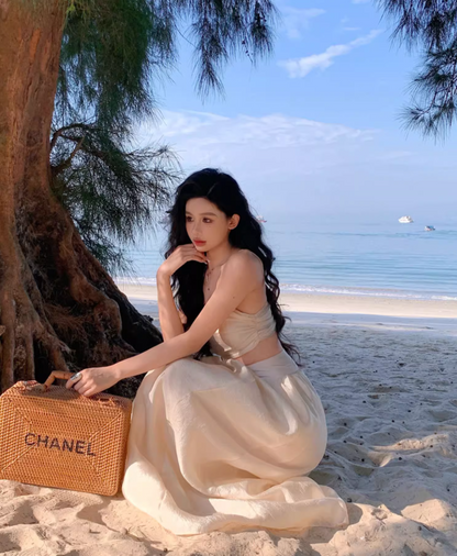 Fancy A-Line Cinched-Waist Minimalism Maxi Dress Sheen Spaghetti Straps 2-Piece Set Long Dress AP3552