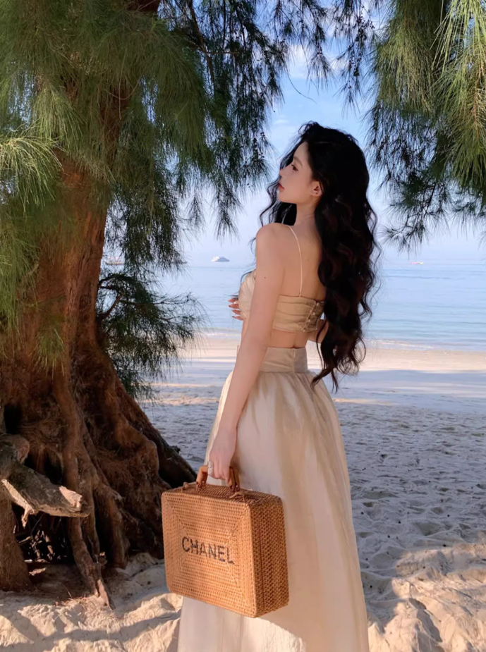 Fancy A-Line Cinched-Waist Minimalism Maxi Dress Sheen Spaghetti Straps 2-Piece Set Long Dress AP3552