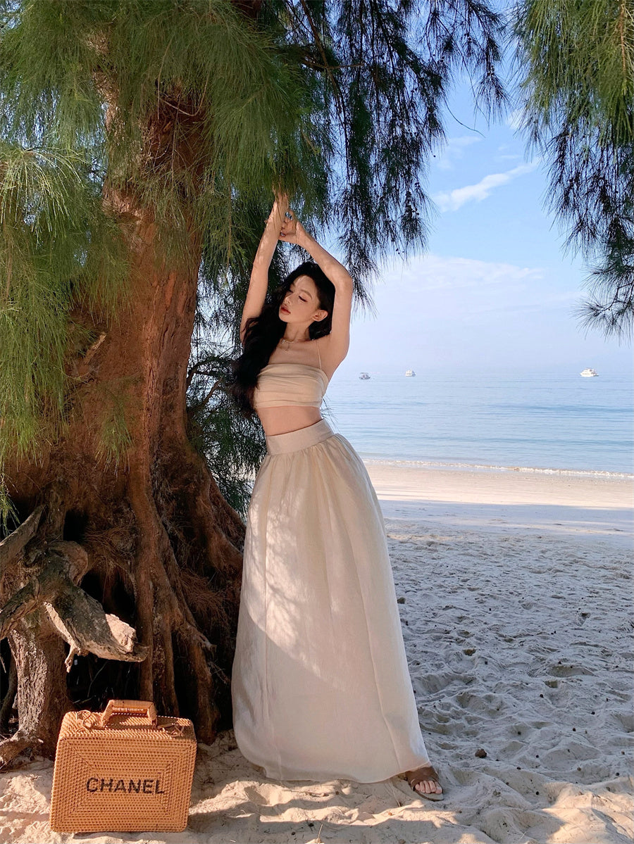 Fancy A-Line Cinched-Waist Minimalism Maxi Dress Sheen Spaghetti Straps 2-Piece Set Long Dress AP3552