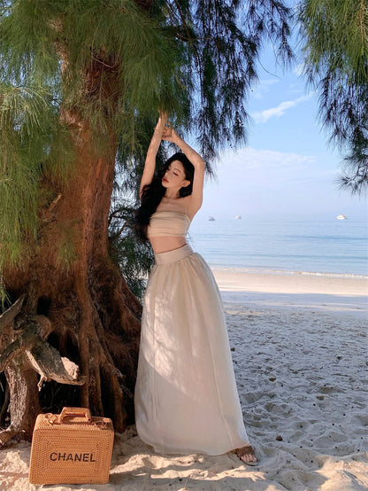 Fancy A-Line Cinched-Waist Minimalism Maxi Dress Sheen Spaghetti Straps 2-Piece Set Long Dress AP3552