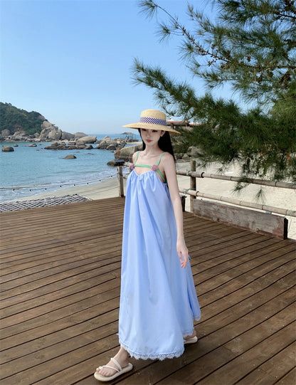 Pretty Spaghetti Straps Lace Hem Maxi Dress Fancy A-Line 3D Floral Design Loose Fit Blue Long Dress AP3553