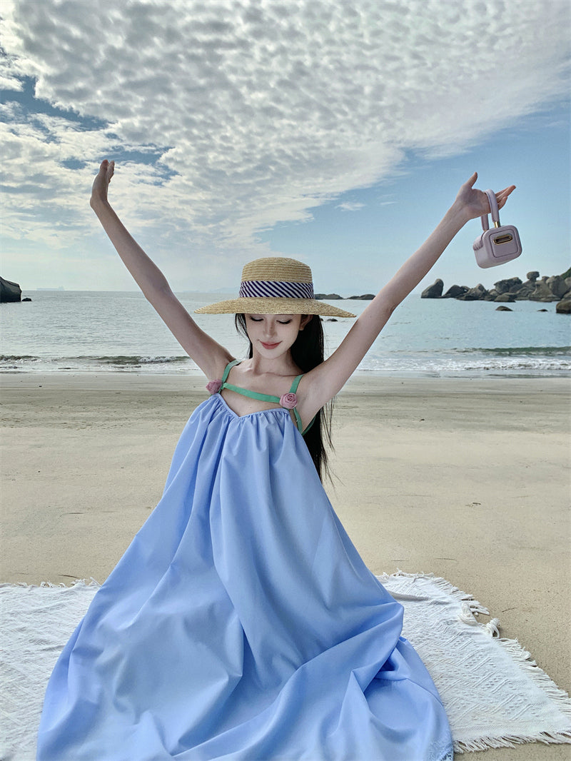 Pretty Spaghetti Straps Lace Hem Maxi Dress Fancy A-Line 3D Floral Design Loose Fit Blue Long Dress AP3553