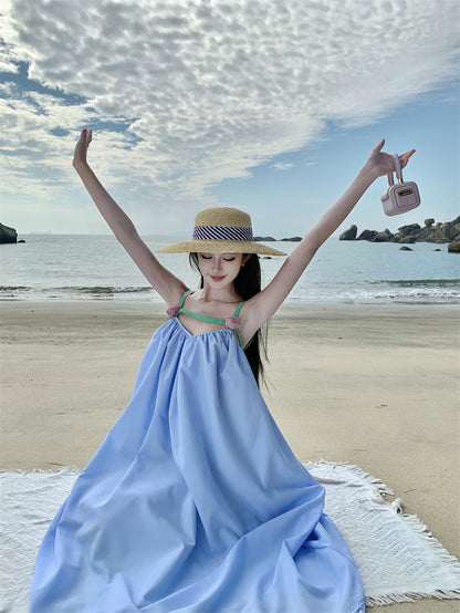 Pretty Spaghetti Straps Lace Hem Maxi Dress Fancy A-Line 3D Floral Design Loose Fit Blue Long Dress AP3553