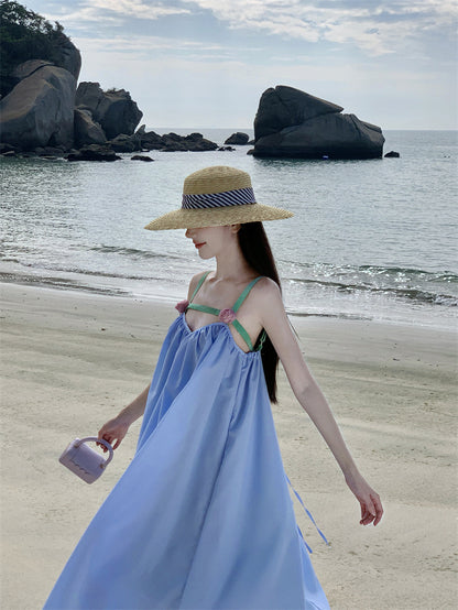 Pretty Spaghetti Straps Lace Hem Maxi Dress Fancy A-Line 3D Floral Design Loose Fit Blue Long Dress AP3553