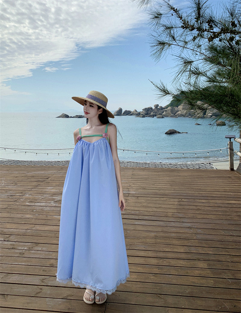 Pretty Spaghetti Straps Lace Hem Maxi Dress Fancy A-Line 3D Floral Design Loose Fit Blue Long Dress AP3553