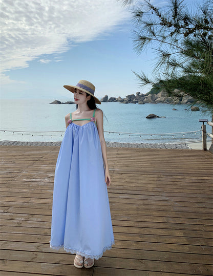 Pretty Spaghetti Straps Lace Hem Maxi Dress Fancy A-Line 3D Floral Design Loose Fit Blue Long Dress AP3553