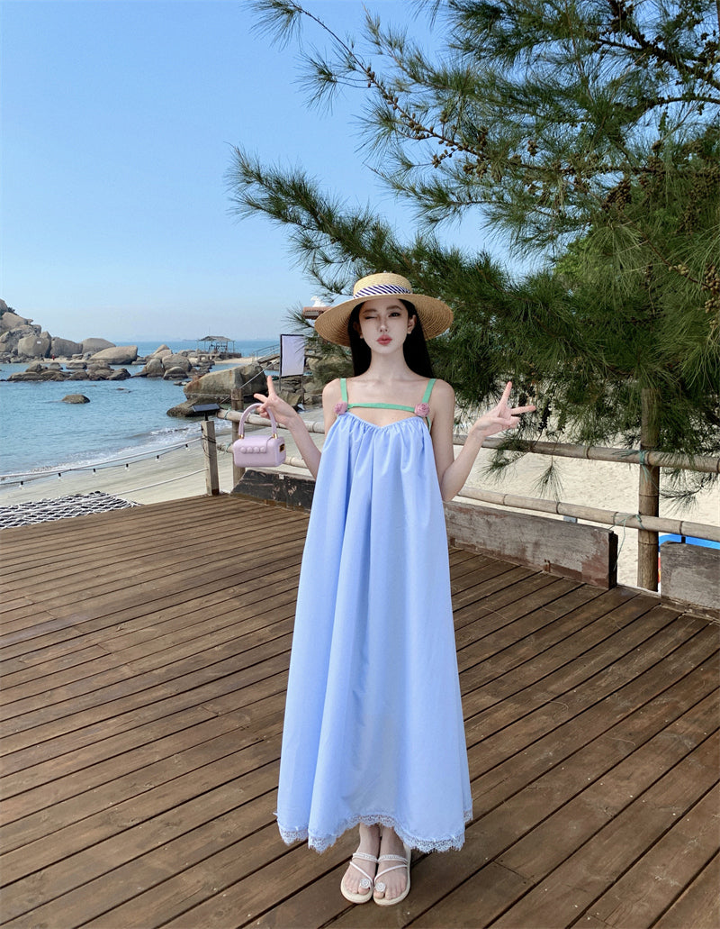 Pretty Spaghetti Straps Lace Hem Maxi Dress Fancy A-Line 3D Floral Design Loose Fit Blue Long Dress AP3553