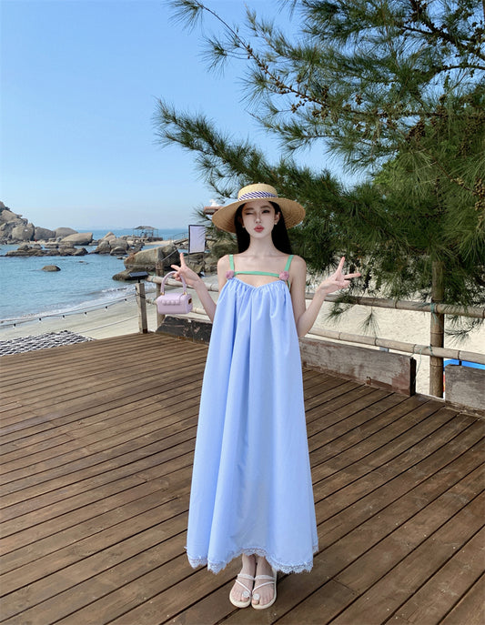 Pretty Spaghetti Straps Lace Hem Maxi Dress Fancy A-Line 3D Floral Design Loose Fit Blue Long Dress AP3553