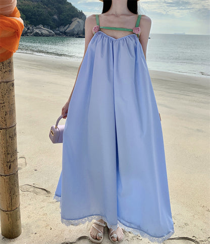 Pretty Spaghetti Straps Lace Hem Maxi Dress Fancy A-Line 3D Floral Design Loose Fit Blue Long Dress AP3553