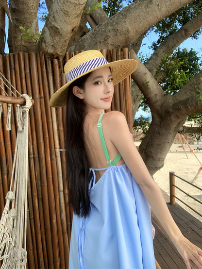 Pretty Spaghetti Straps Lace Hem Maxi Dress Fancy A-Line 3D Floral Design Loose Fit Blue Long Dress AP3553