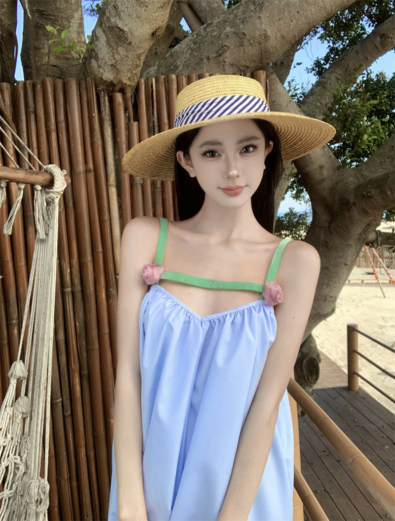 Pretty Spaghetti Straps Lace Hem Maxi Dress Fancy A-Line 3D Floral Design Loose Fit Blue Long Dress AP3553