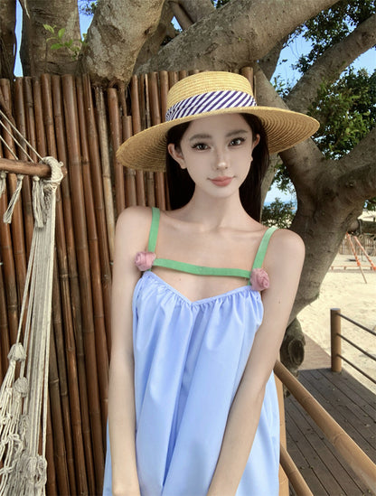 Pretty Spaghetti Straps Lace Hem Maxi Dress Fancy A-Line 3D Floral Design Loose Fit Blue Long Dress AP3553