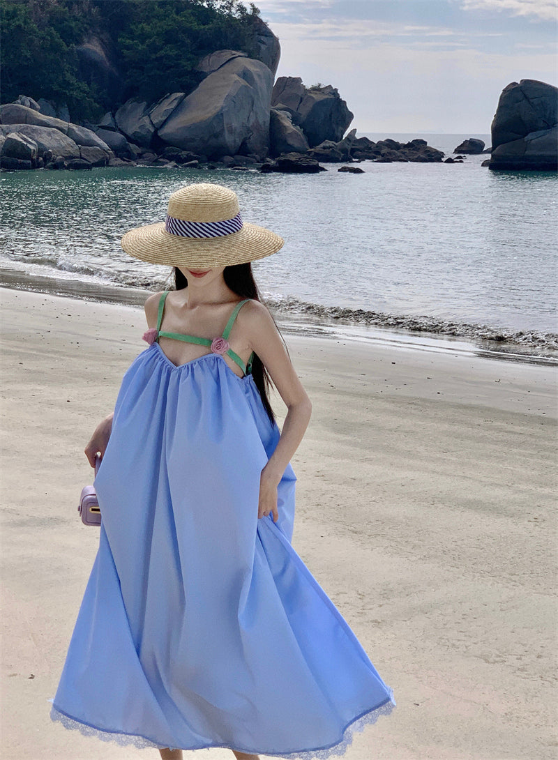 Pretty Spaghetti Straps Lace Hem Maxi Dress Fancy A-Line 3D Floral Design Loose Fit Blue Long Dress AP3553