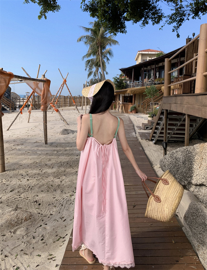 Princess A-Line 3D Floral Pink Maxi Dress Sweet Loose Fit Spaghetti Straps Lace Hem Long Dress AP3554