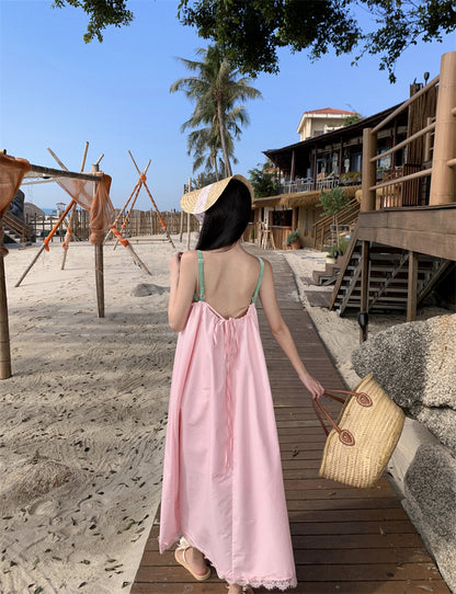 Princess A-Line 3D Floral Pink Maxi Dress Sweet Loose Fit Spaghetti Straps Lace Hem Long Dress AP3554