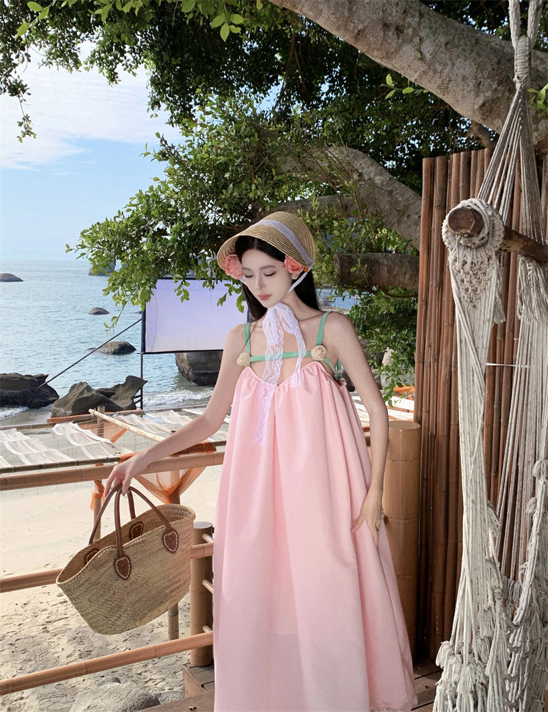 Princess A-Line 3D Floral Pink Maxi Dress Sweet Loose Fit Spaghetti Straps Lace Hem Long Dress AP3554