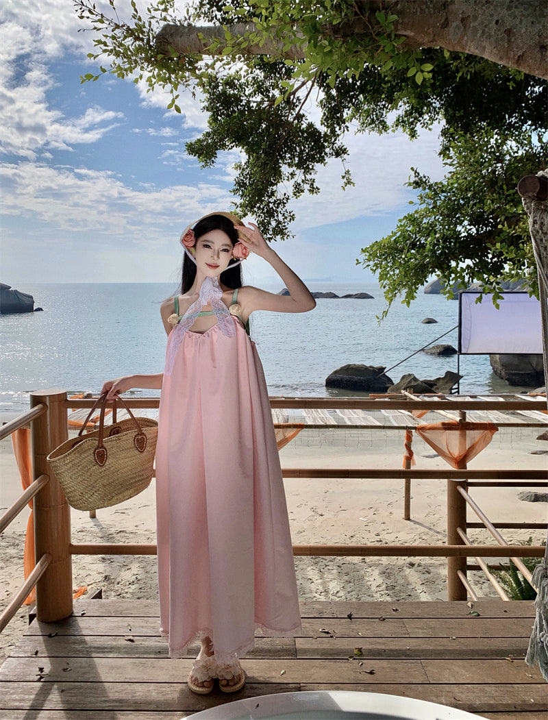 Princess A-Line 3D Floral Pink Maxi Dress Sweet Loose Fit Spaghetti Straps Lace Hem Long Dress AP3554