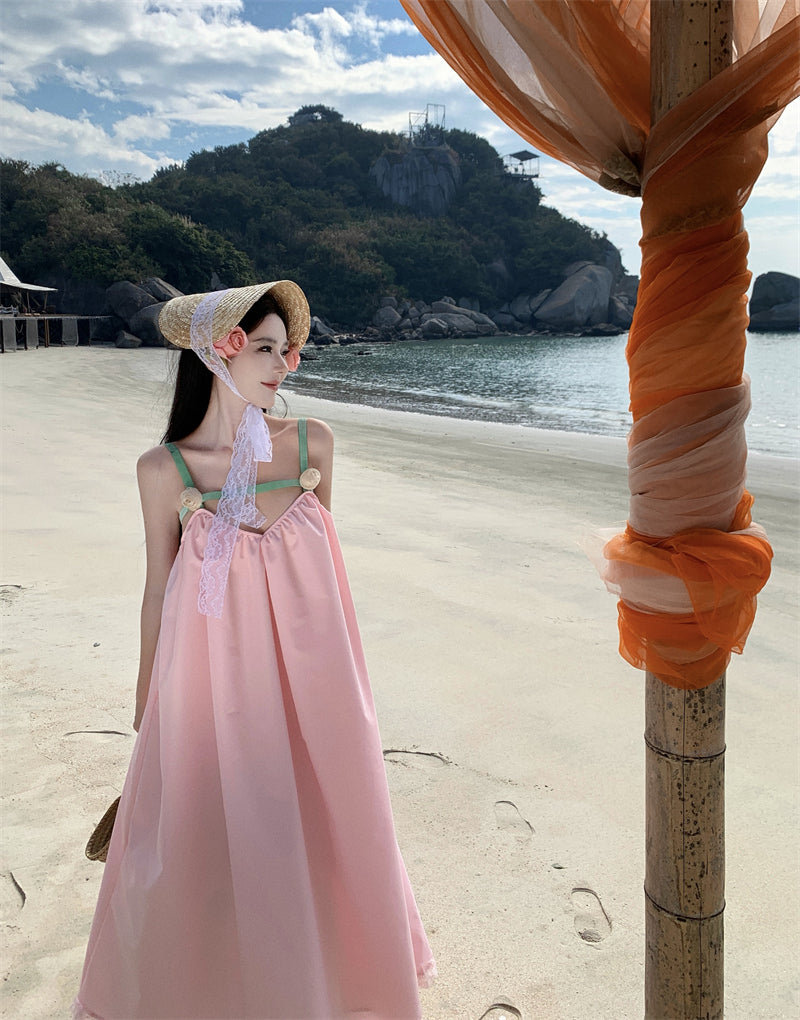 Princess A-Line 3D Floral Pink Maxi Dress Sweet Loose Fit Spaghetti Straps Lace Hem Long Dress AP3554