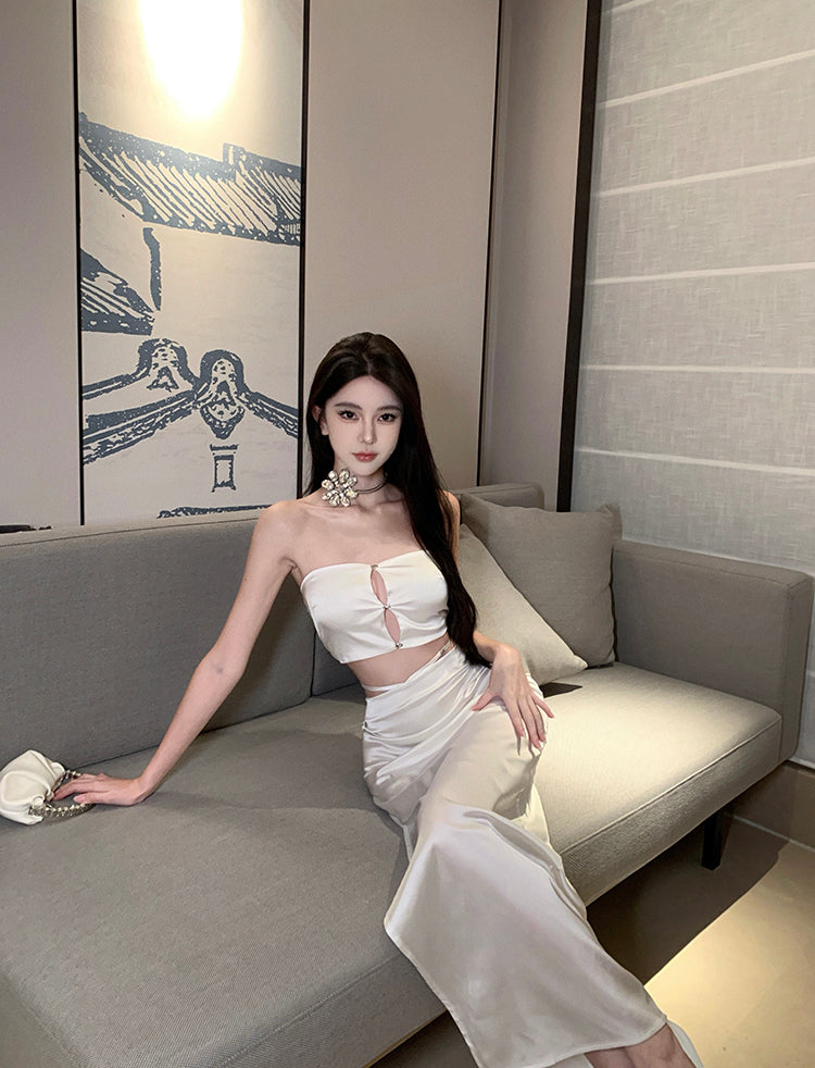 Modern 2-Piece Set Sheath Maxi Dresses Chic High-Slit Cutout Strapless Long Dress AP3555