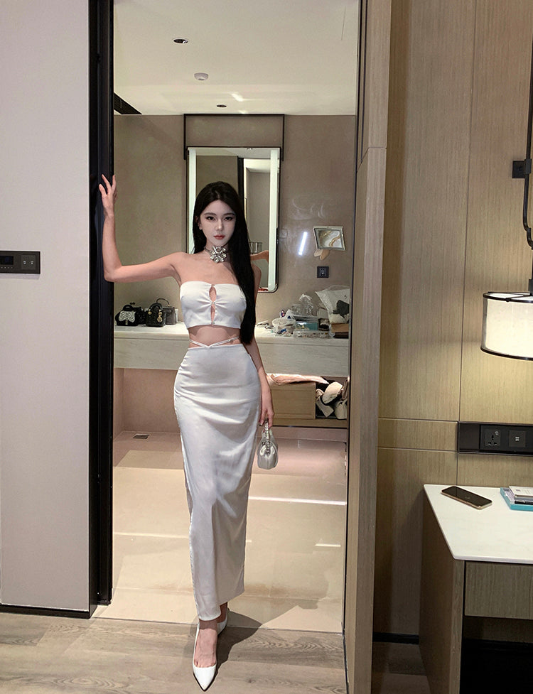 Modern 2-Piece Set Sheath Maxi Dresses Chic High-Slit Cutout Strapless Long Dress AP3555