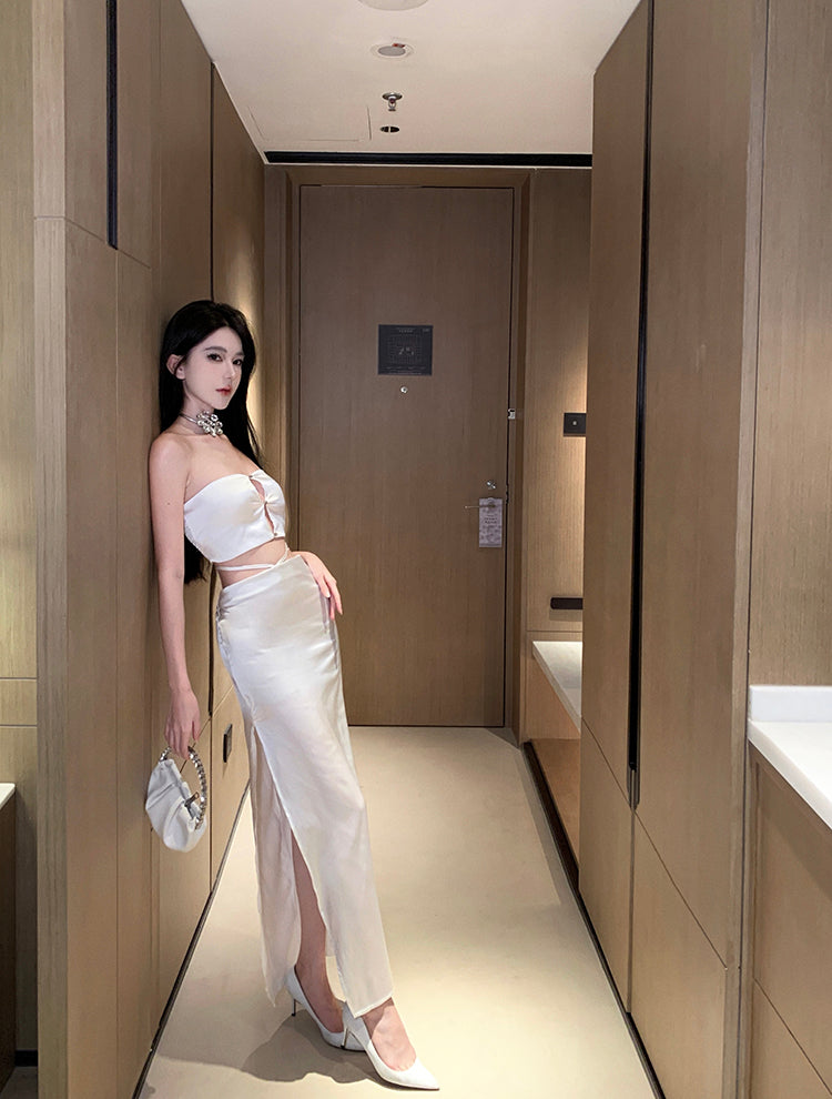 Modern 2-Piece Set Sheath Maxi Dresses Chic High-Slit Cutout Strapless Long Dress AP3555